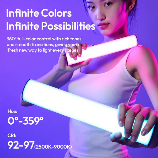 Person holding a light bar with text about color control and possibilities on a purple background