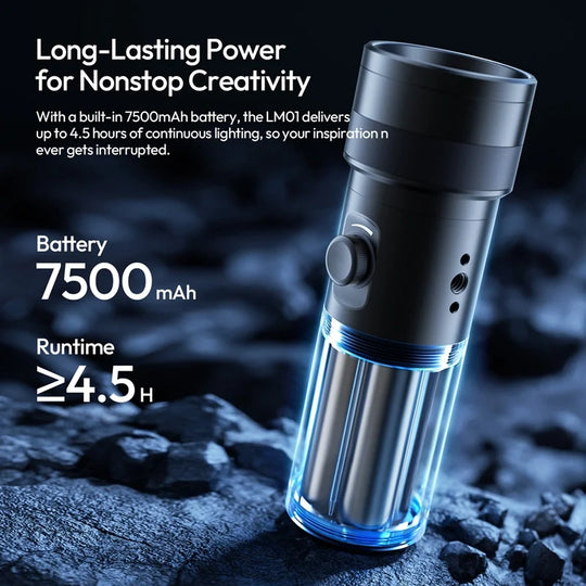 Black flashlight with blue accents on a dark background, featuring text about battery capacity and runtime.