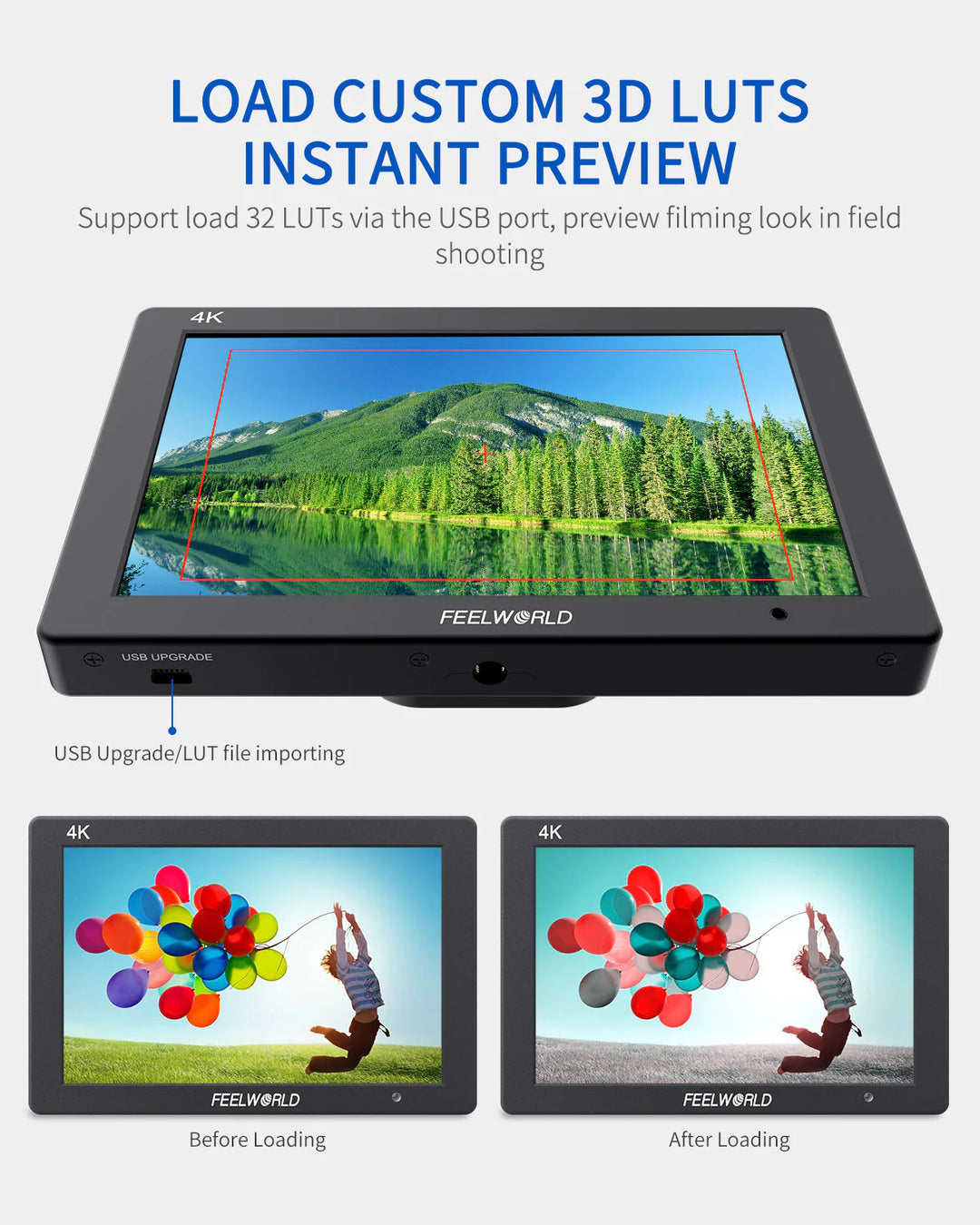 FeelWorld monitor with 3D LUTs feature on a white background