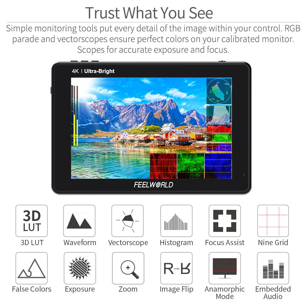 FeelWorld LUT7S 7 英寸 2200 尼特 3D LUT 触摸屏数码单反相机 4K HDMI 和 SDI 现场监视器