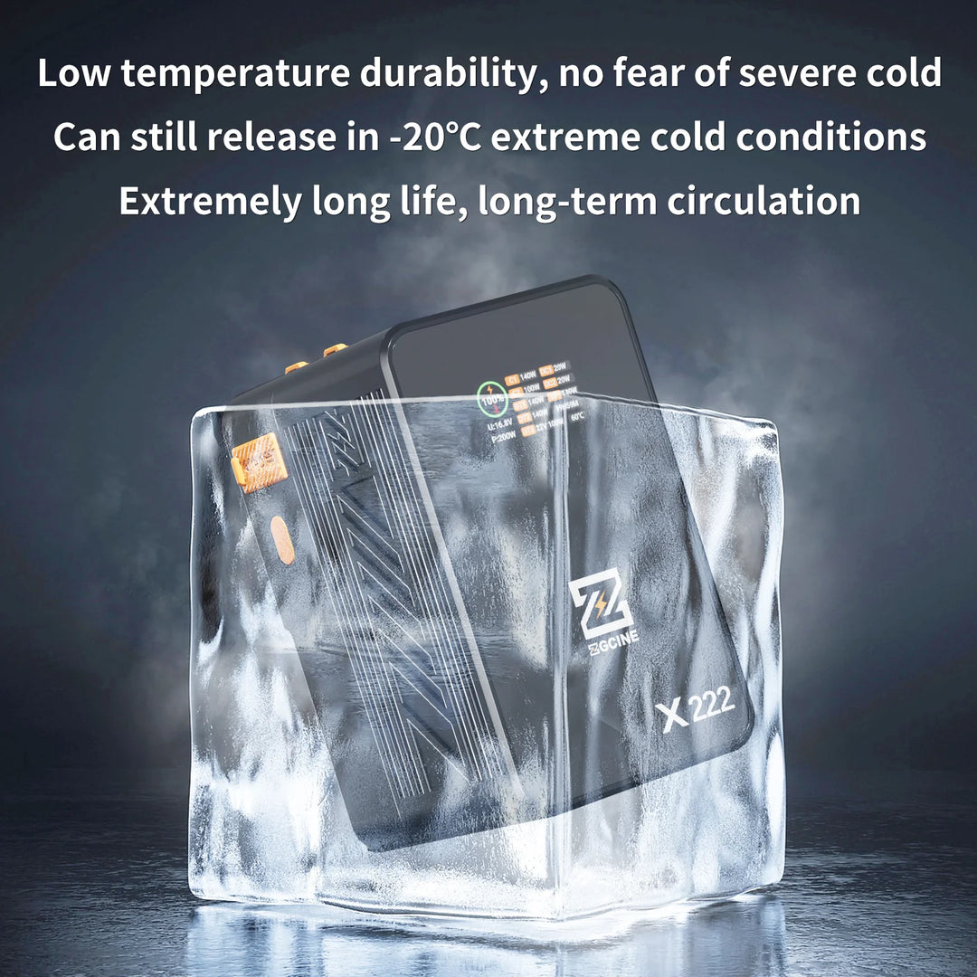 graphic of ZGCINE battery pack X222 inside an ice cube showing low temperature durability