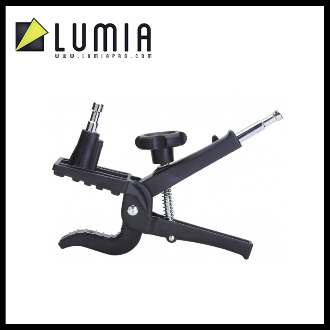 Black clamp with adjustable arms on a white background, branded with 'LUMIA'.