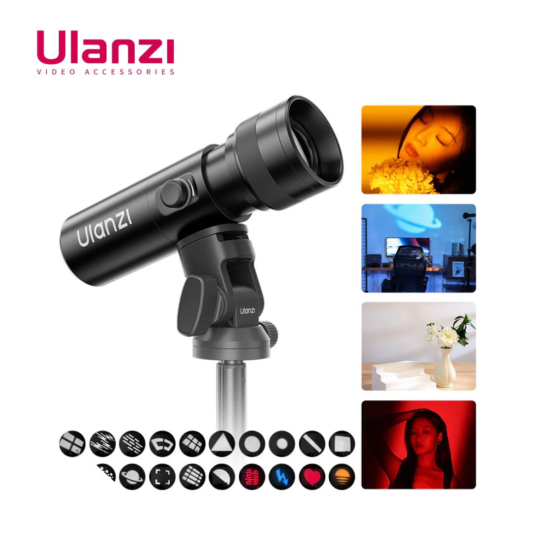 Ulanzi LM01 Photography Flashlight with images of its usage and color temperature options on a white background.