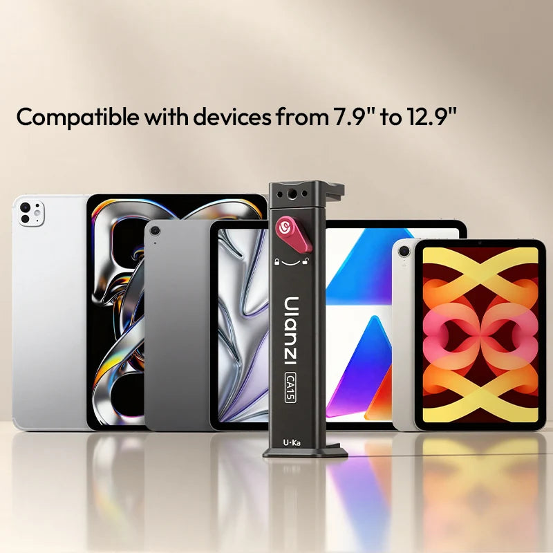 Ulanzi adapter with compatibility text for tablets and smartphones on a gradient background