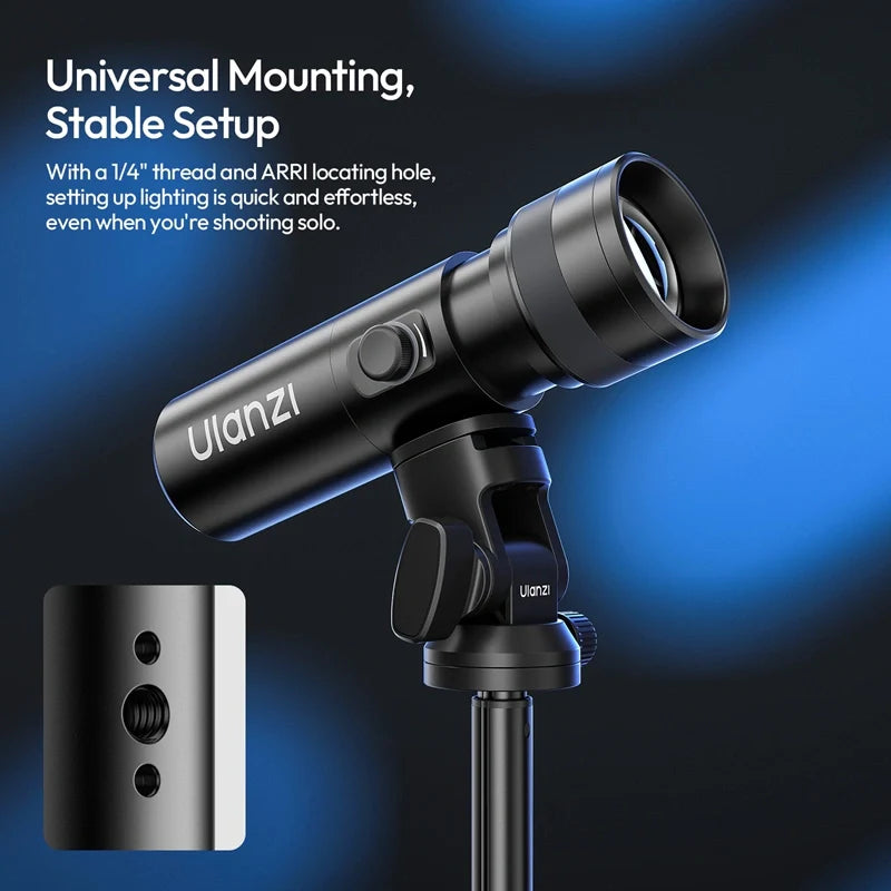 Ulanzi light on a stand with text about universal mounting and stable setup.