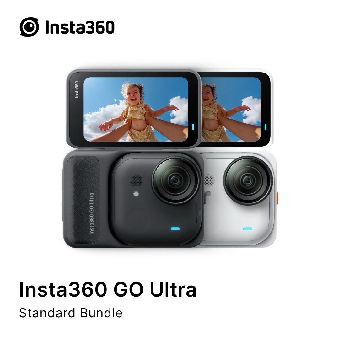 Insta360 GO Ultra camera with dual screens and branding on a white background