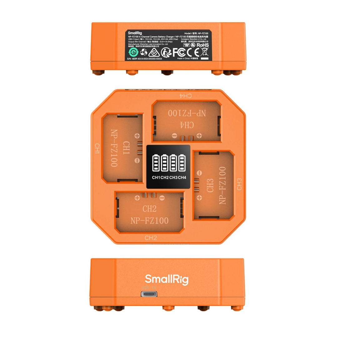 Orange battery charger with multiple slots for batteries on a white background