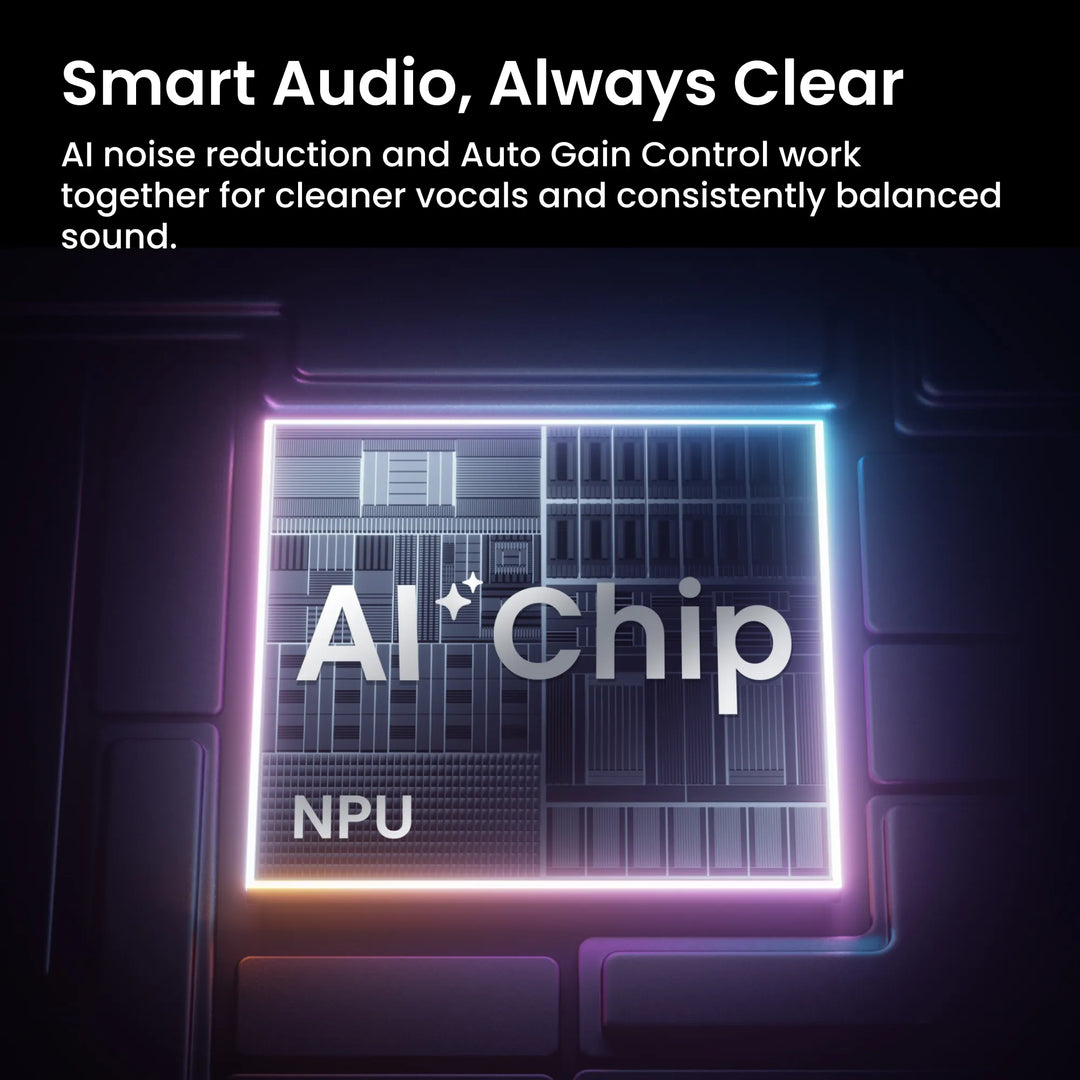 AI chip with 'NPU' text on a dark background, highlighting smart audio technology.