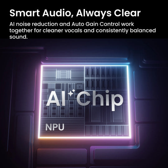 AI chip with 'NPU' text on a dark background, highlighting smart audio technology.