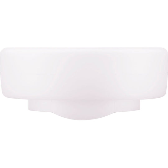 A white, modern semi-flush mount light fixture with a wide, rounded rectangular shade and a flared circular base, shown against a solid white background.