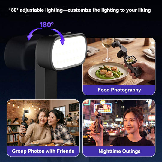 An adjustable rectangular LED light on a stand with a 180-degree rotation feature, shown with lifestyle application photos for food photography, group photos, and nighttime outings.