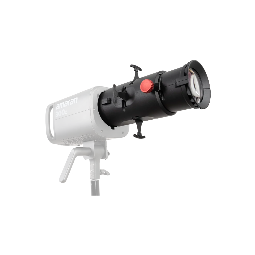 Aamaran 300 studio light with a white body, black collimator, and red power button, shown on a white background.