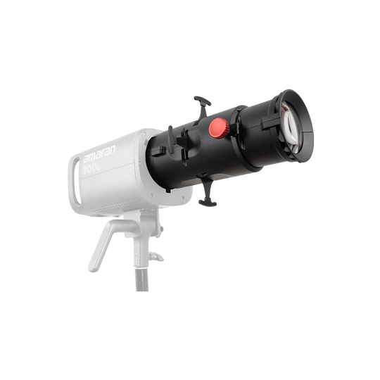 Aamaran 300 studio light with a white body, black collimator, and red power button, shown on a white background.