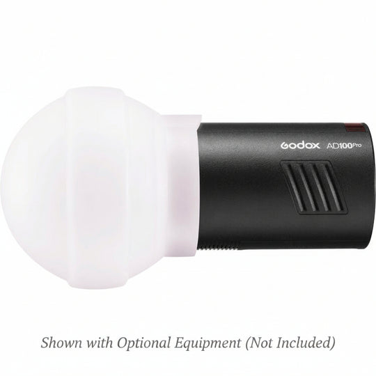A Godox AD100 Pro studio light bulb with a frosted white diffuser and a matte black body, shown against a plain white background.