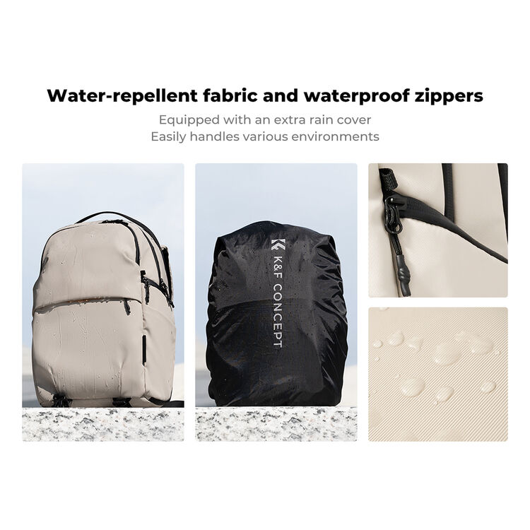 A backpack shown in a collage with marketing text about water-repellent fabric and waterproof zippers. The collage includes a light beige backpack, a black rain cover with vertical K&amp;F CONCEPT branding, a close-up of a zipper, and a fabric texture swatch with water droplets.