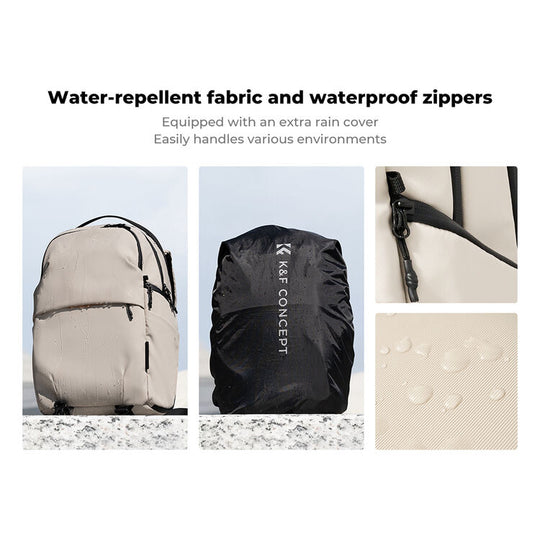 A backpack shown in a collage with marketing text about water-repellent fabric and waterproof zippers. The collage includes a light beige backpack, a black rain cover with vertical K&amp;F CONCEPT branding, a close-up of a zipper, and a fabric texture swatch with water droplets.