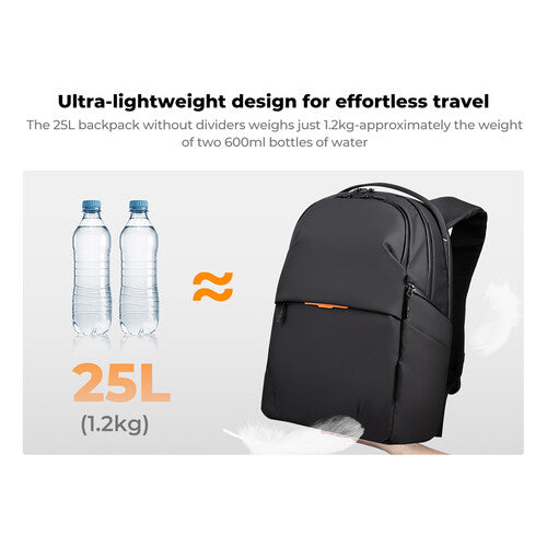 A black 25L backpack shown on a light gray background with promotional text and water bottle graphics. The image highlights the backpack&