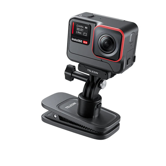 A black Insta360 action camera mounted on a black Telesin Magnetic Backpack Clip, shown against a plain white background.