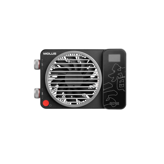A black ZHIYUN MOLUS X100 LED Light with a circular fan grille, silver control knobs, a red power button, and a digital display screen on the side, shown against a plain white background.