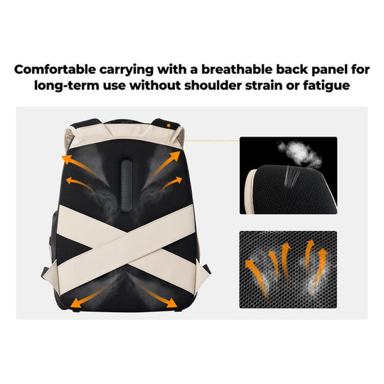 A black and beige backpack shown on a light gray background with marketing text at the top and two inset detail images on the right. The backpack has crossed beige straps over a black body, and the insets highlight a breathable back panel and airflow texture.