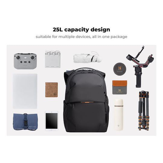 A black backpack centered on a light gray background, surrounded by travel and tech accessories including a white controller, white notebook, white pouch, brown wallet, blue pouch, tablet, white bottle, tripod, and gimbal. Text above reads &