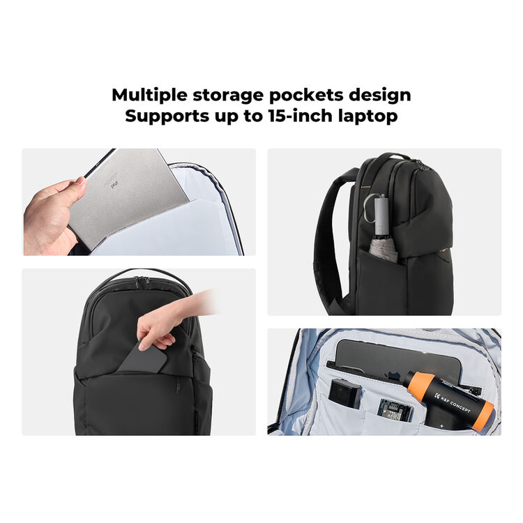A black backpack shown in a four-panel feature graphic with text reading &