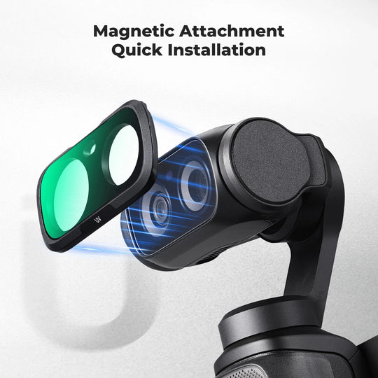 A close-up of a gimbal camera with a magnetic lens attachment shown partially detached, with text reading &