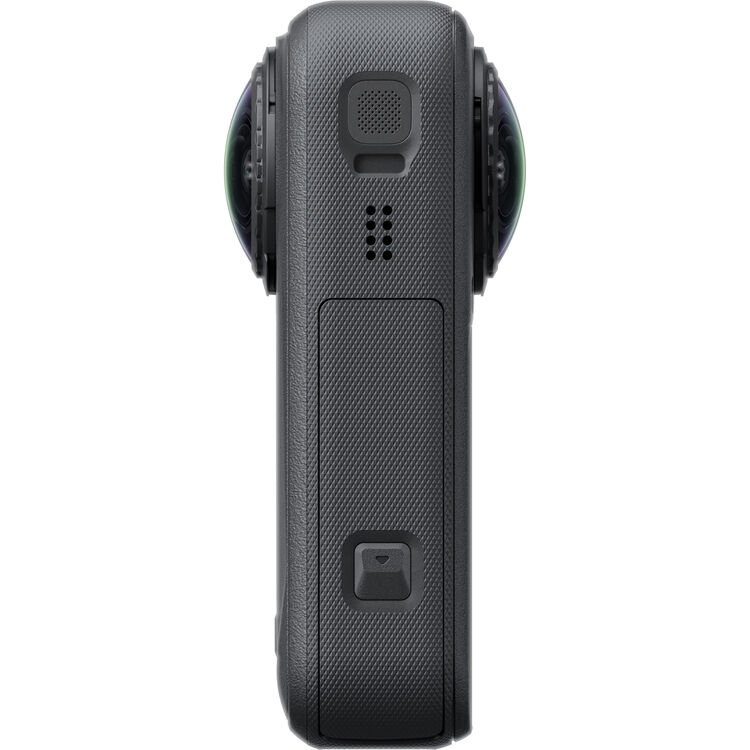 A close-up of an Insta360 X6 black textured handheld camera body with circular lens elements visible on both sides, shown against a plain white background.