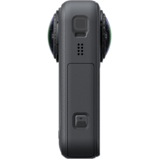 A close-up of an Insta360 X6 black textured handheld camera body with circular lens elements visible on both sides, shown against a plain white background.