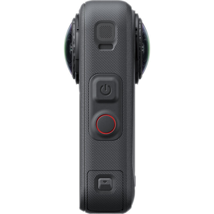 A close-up side view of a black Inst360 X6 textured handheld camera with a red circular button, power button, and other control icons on a plain white background.