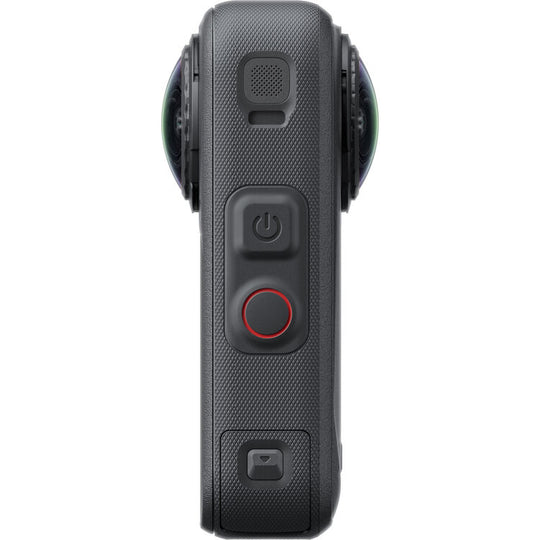 A close-up side view of a black Inst360 X6 textured handheld camera with a red circular button, power button, and other control icons on a plain white background.
