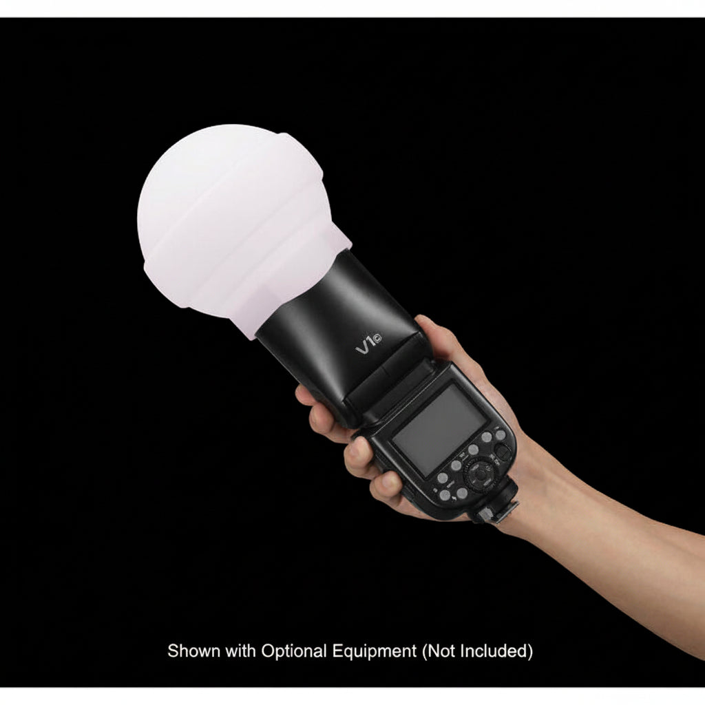A white Godox diffuser dome with a ribbed base, shown against a white background with an orange border and the Godox logo at the top.