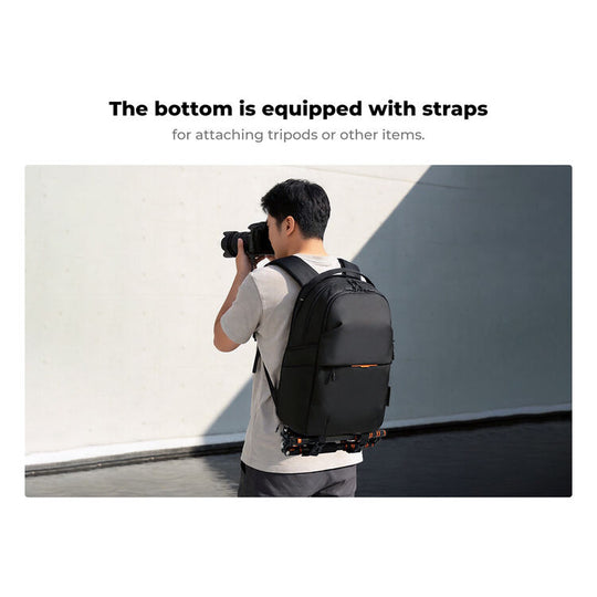 A man wearing a black backpack with attached camera straps, holding a camera against a light gray wall. Text above reads, &
