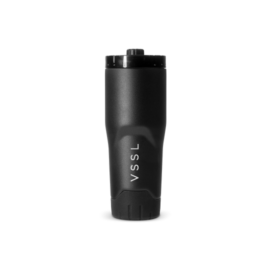 A matte black VSSL travel tumbler with a matching black lid, shown on a clean white background.