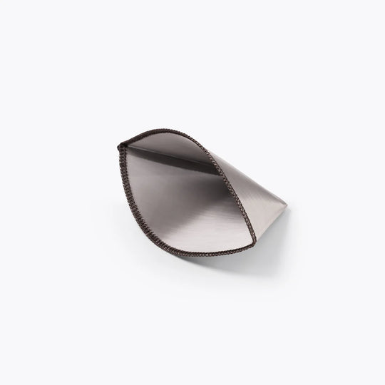 A metallic silver cone-shaped pouch with a dark brown braided edge, shown open on a clean white background.