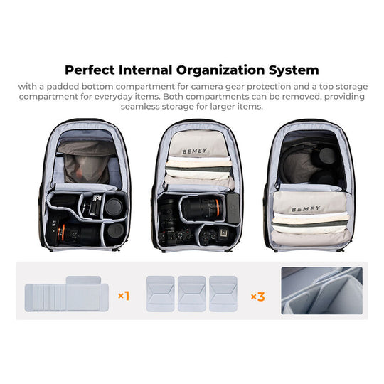 A product infographic showing a gray and white camera backpack with three views of its open compartments organized with camera gear, accompanied by text describing its internal organization system and a row of included removable interior pads.