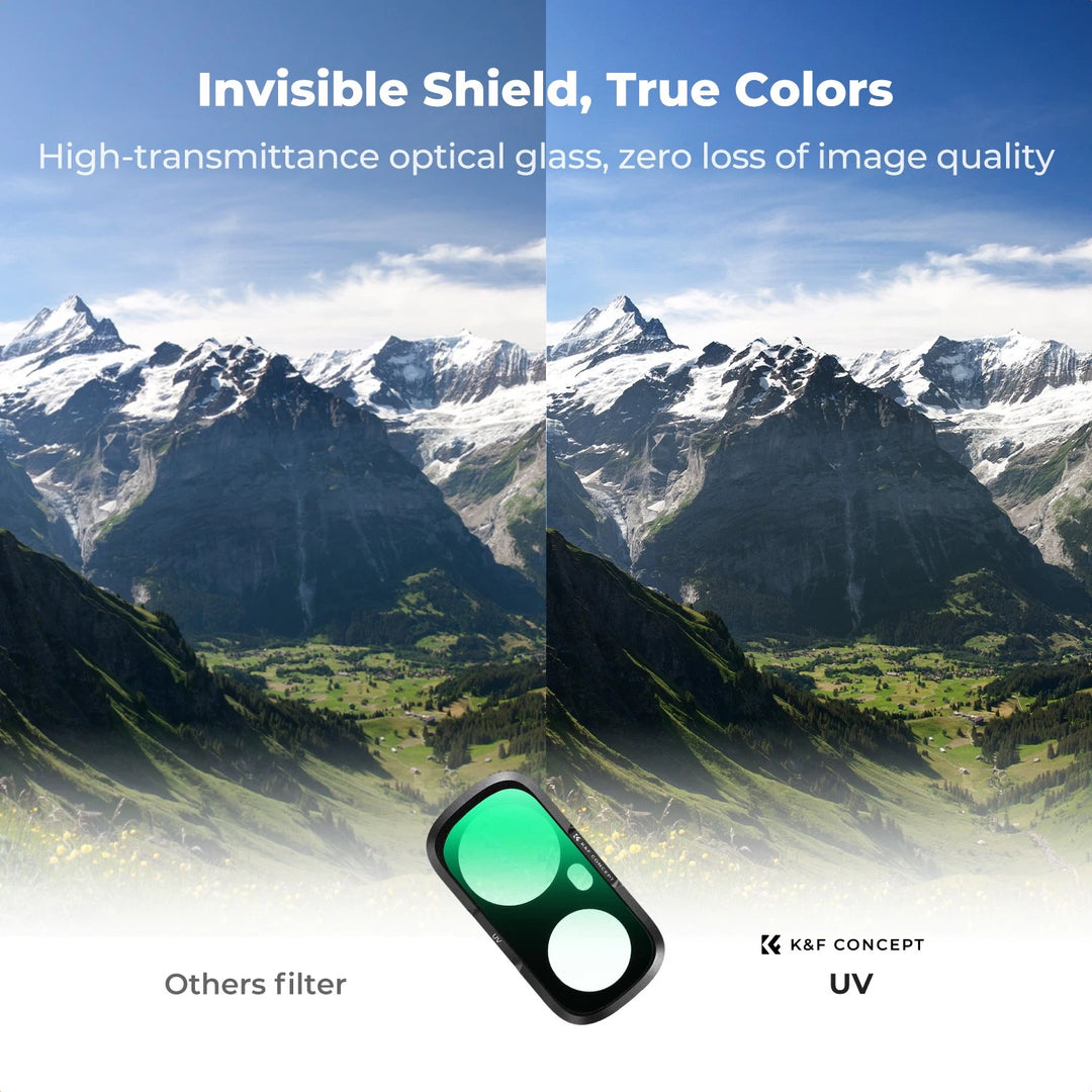 A promotional graphic for a camera lens filter showing a split-screen comparison of a mountain landscape with text reading &