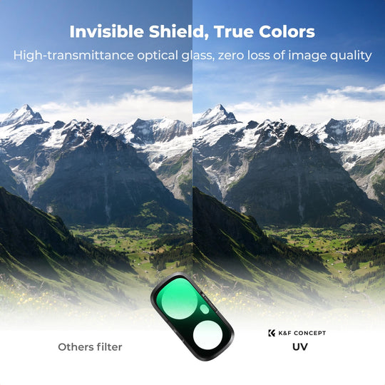 A promotional graphic for a camera lens filter showing a split-screen comparison of a mountain landscape with text reading &
