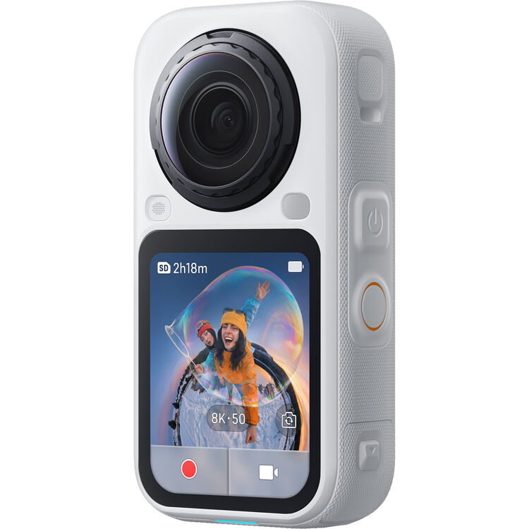A white insta360 X6 action camera with a large black front lens and a color screen showing a photo of two people in a bubble. The camera has textured side buttons and is shown on a plain white background.