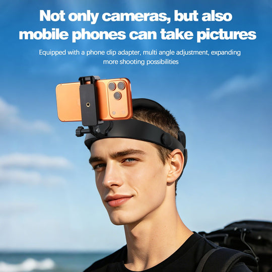 Adjustable head strap mount with smartphone adapter for hands-free POV recording using action cameras or mobile phones during outdoor activities.
