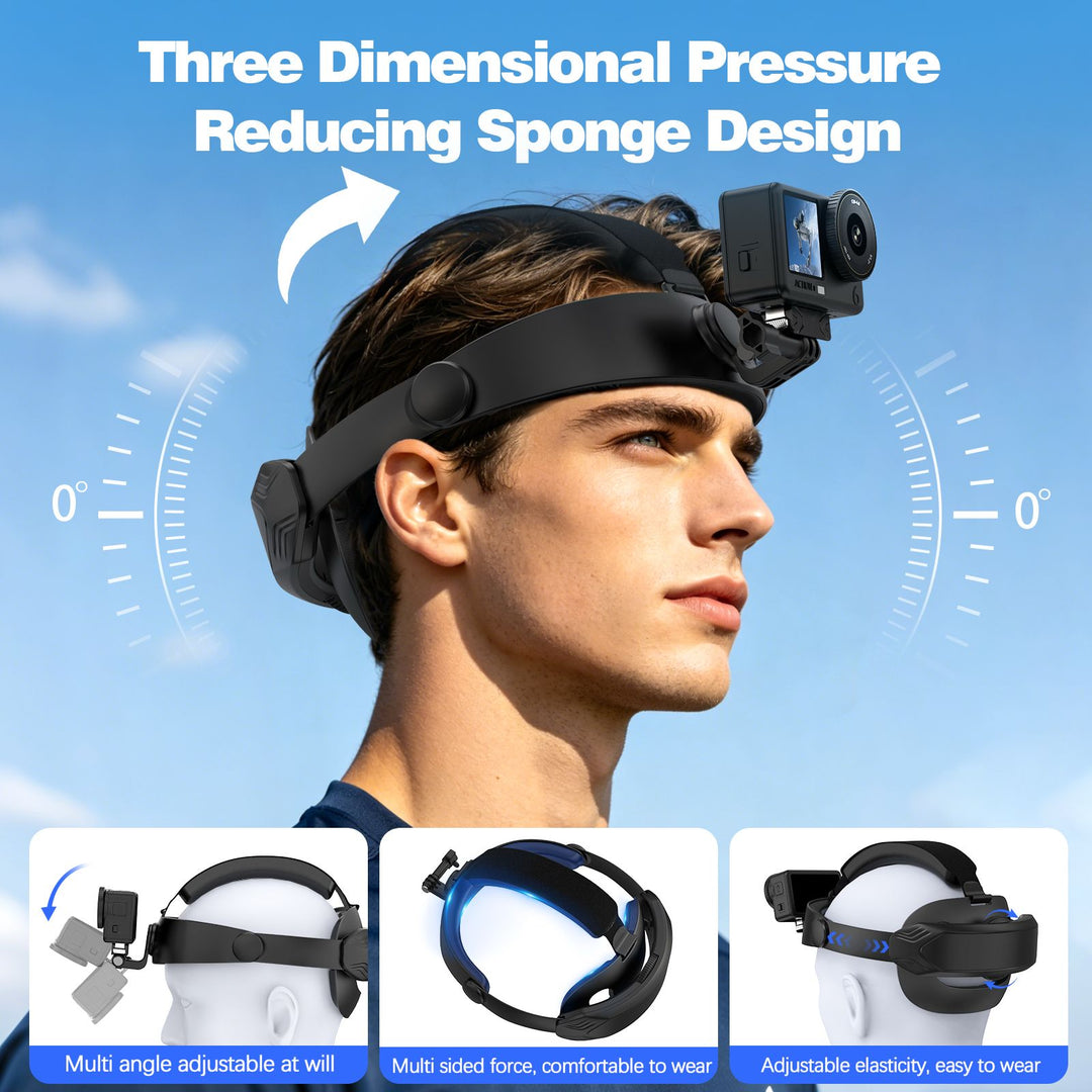 Adjustable action camera head strap with pressure-reducing memory foam padding for comfortable, stable hands-free POV recording during sports and outdoor activities.