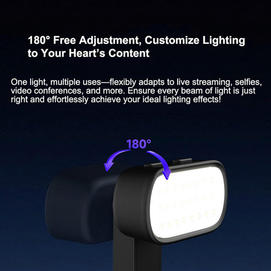 A black adjustable LED light bar with a bright white illuminated face, shown on a dark blue background with marketing text about 180° free adjustment and multiple uses such as live streaming, selfies, and video conferences.