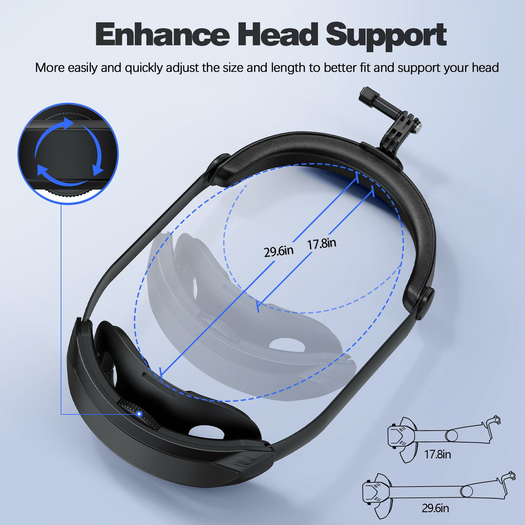 Adjustable head strap mount with enhanced head support and secure fit for action cameras, providing comfortable, stable hands-free POV recording.