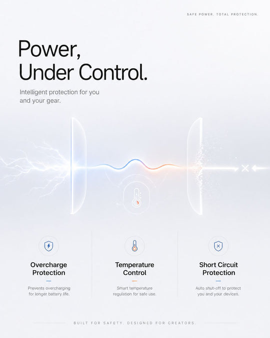 Advertisement for Chromage battery charger with text and icons on a white background