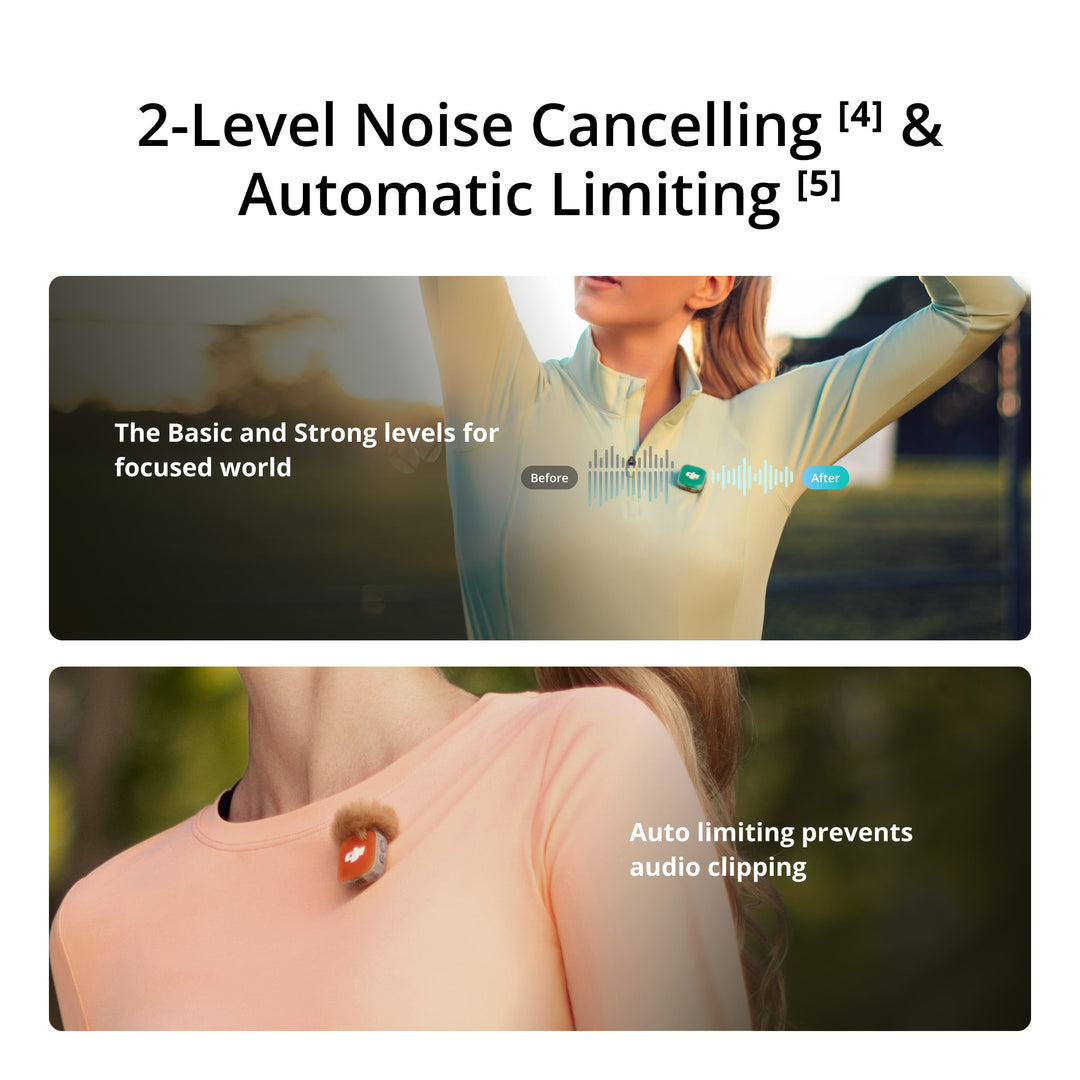Advertisement for noise-cancelling mic with text and product images.