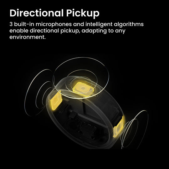 An internal view of insta360 mic pro microphone showing 3 built-in mics and sound wave graphics demonstrating directional pickup technology.