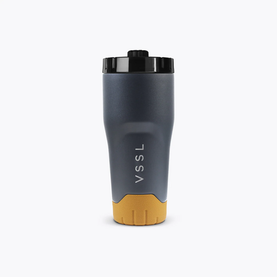 Gray and yellow travel mug with &