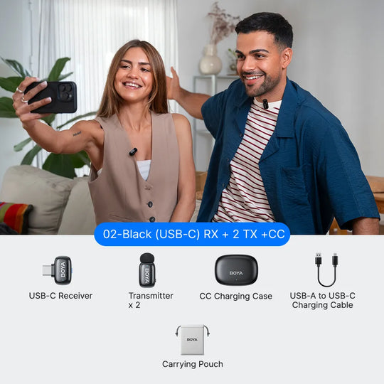 Two people taking a selfie with a smartphone, surrounded by BOYA audio equipment and accessories.