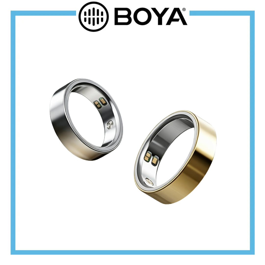 Two smart rings by BOYA shown on a white background with a blue border. One ring is silver-toned and the other is gold-toned, both with a polished outer band and a matte inner band showing electronic components.