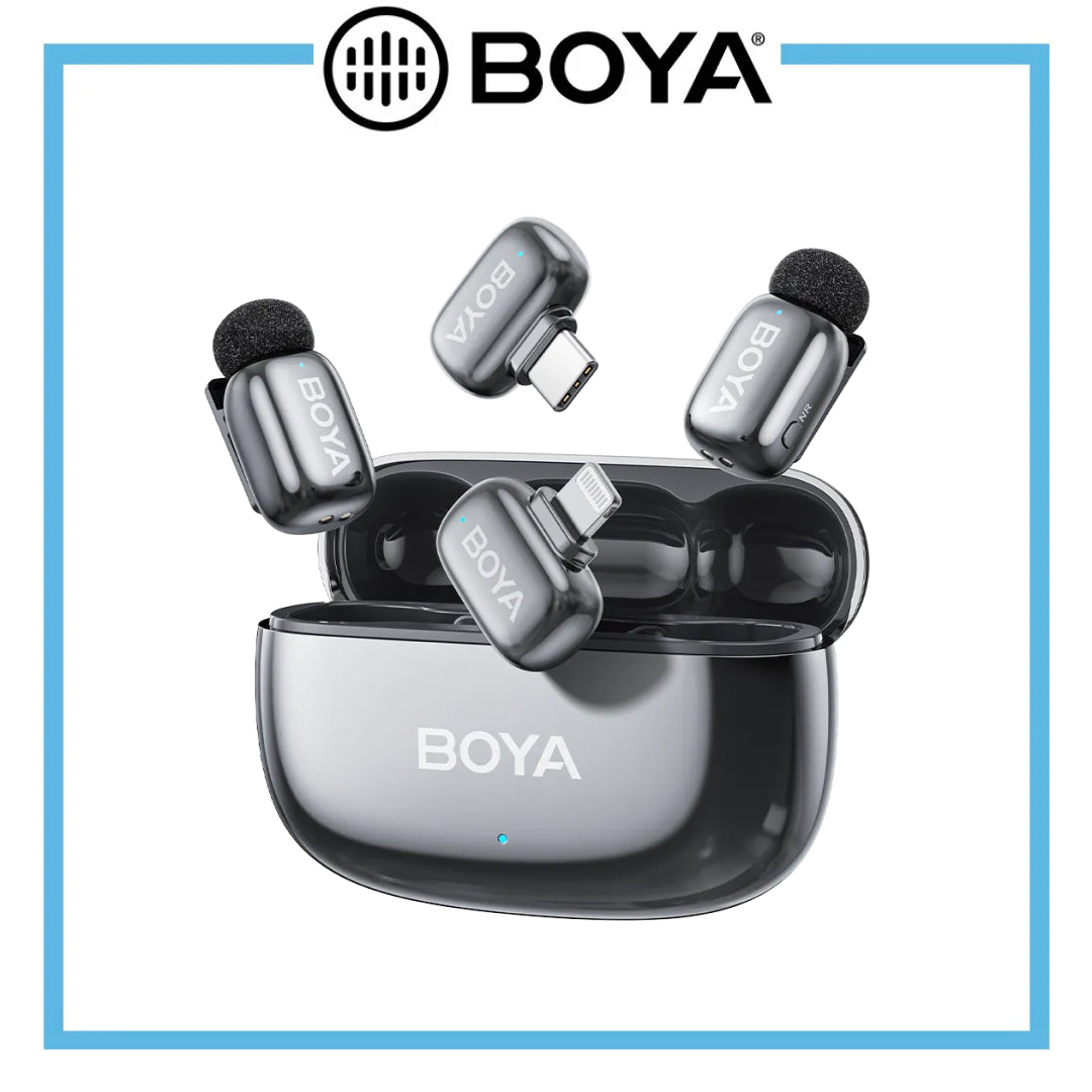 BOYA wireless earbuds with charging case on a white background